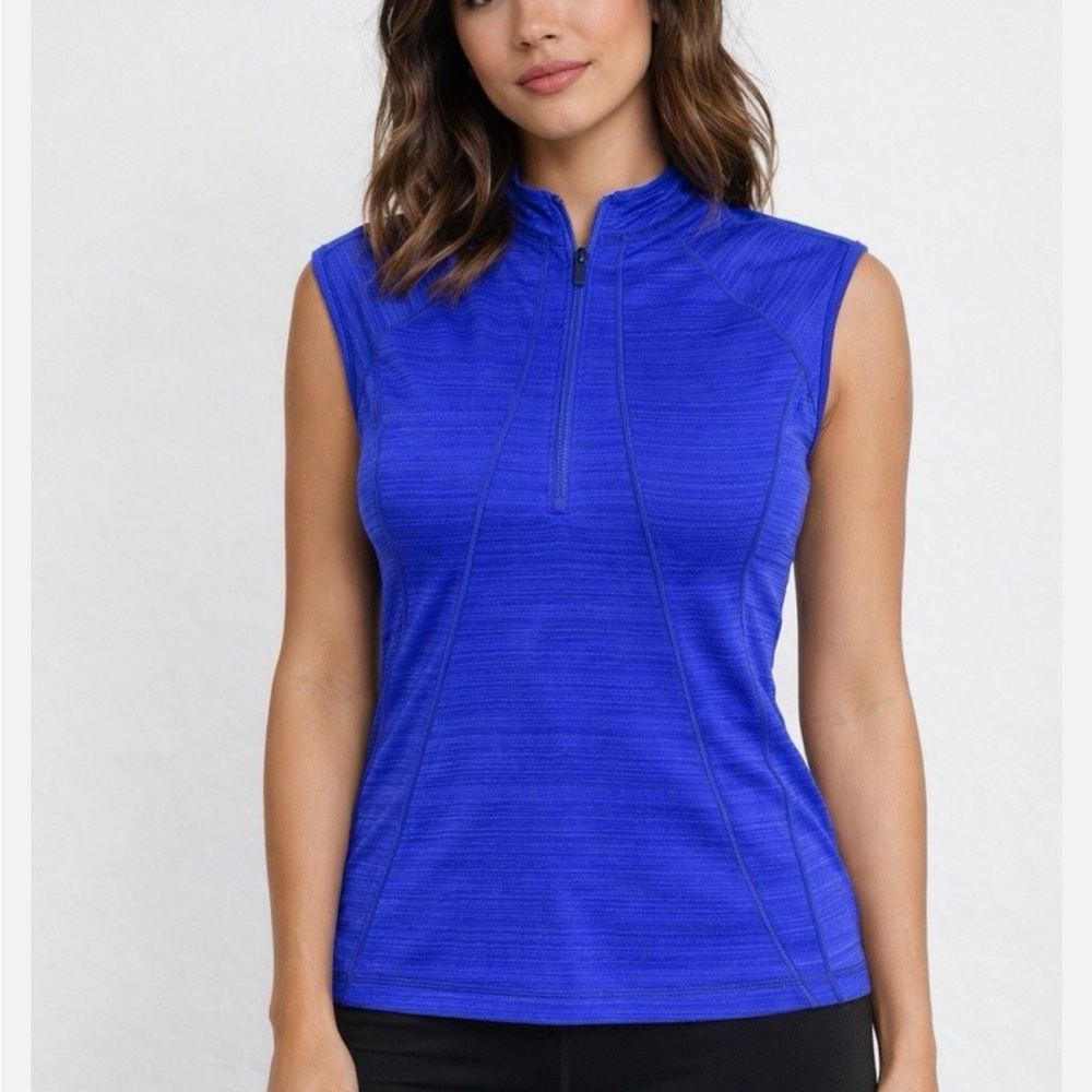 Athleta Pacifica UPF Tank Blue Short Sleeve Pocket Stretchy 1/2 Zip